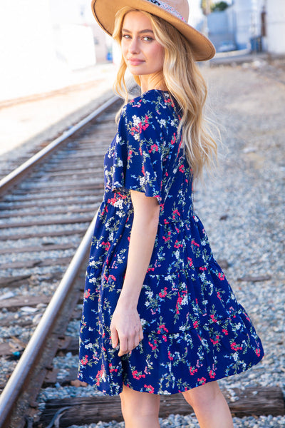 Navy Floral Midi Woven Pocketed Dress