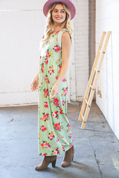 Pistachio Leopard Floral Fit & Flare Frill Sleeve Maxi Dress