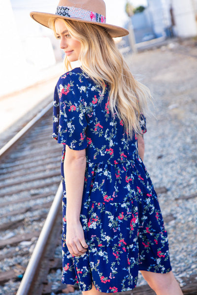 Navy Floral Midi Woven Pocketed Dress