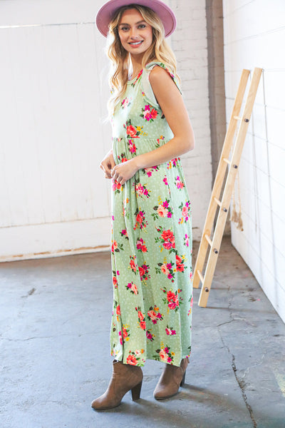 Pistachio Leopard Floral Fit & Flare Frill Sleeve Maxi Dress