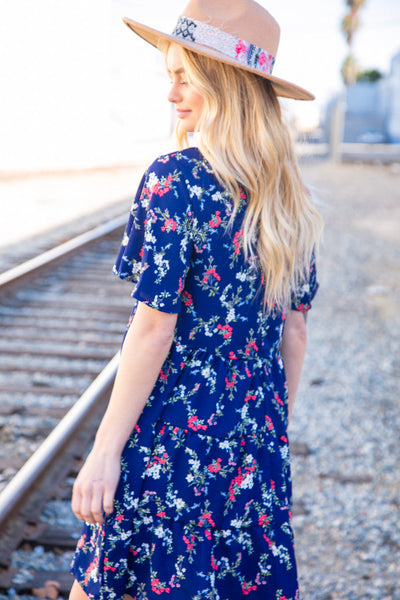 Navy Floral Midi Woven Pocketed Dress