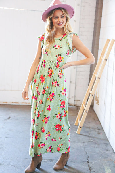 Pistachio Leopard Floral Fit & Flare Frill Sleeve Maxi Dress