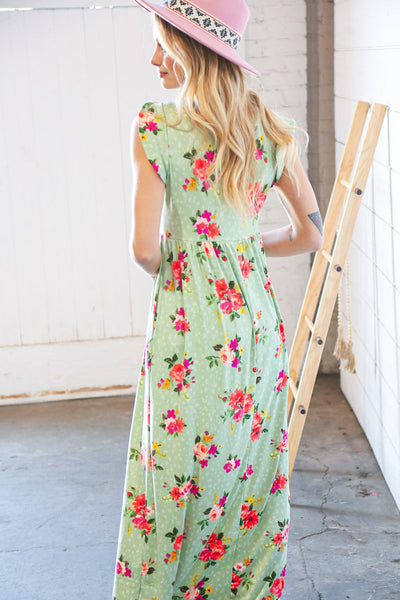 Pistachio Leopard Floral Fit & Flare Frill Sleeve Maxi Dress