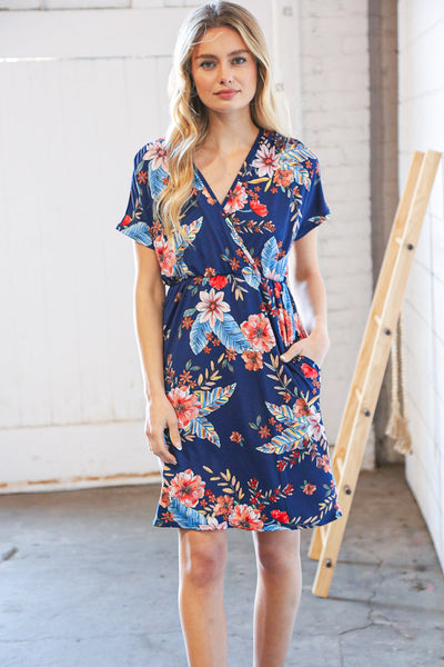 Navy Tropical Floral Print Surplice Elastic Waist Dress