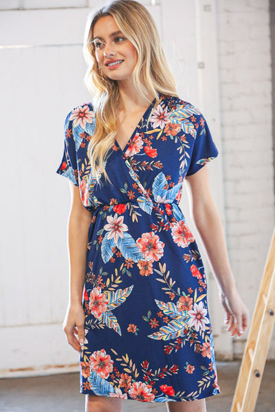 Navy Tropical Floral Print Surplice Elastic Waist Dress