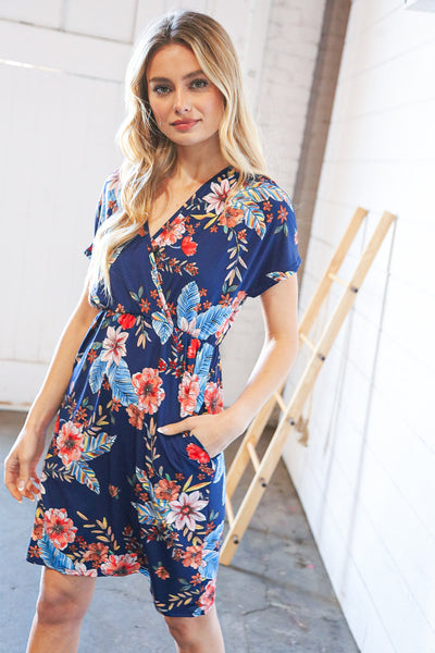 Navy Tropical Floral Print Surplice Elastic Waist Dress