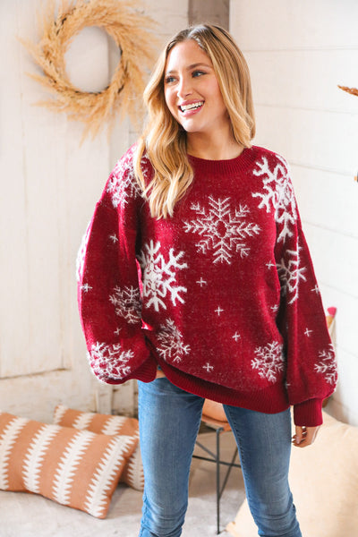 Burgundy Snowflake Fuzzy Rib Oversize Sweater