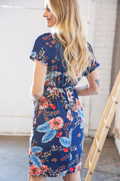 Navy Tropical Floral Print Surplice Elastic Waist Dress