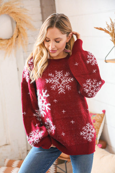 Burgundy Snowflake Fuzzy Rib Oversize Sweater