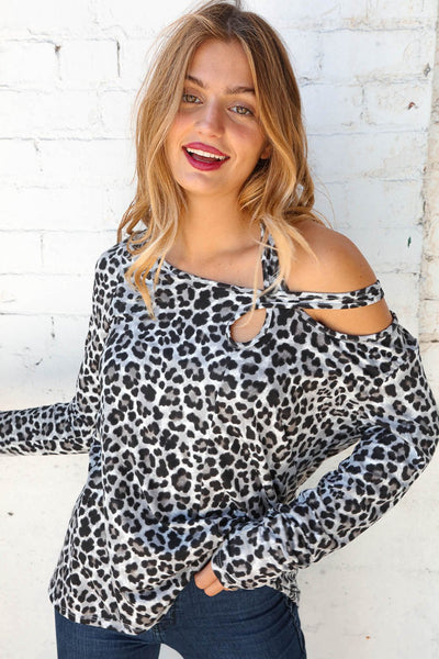 Black Leopard Cross Neck Long Sleeve Top