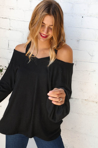 Midnight Halter Neck Cold Shoulder Long Knit Top