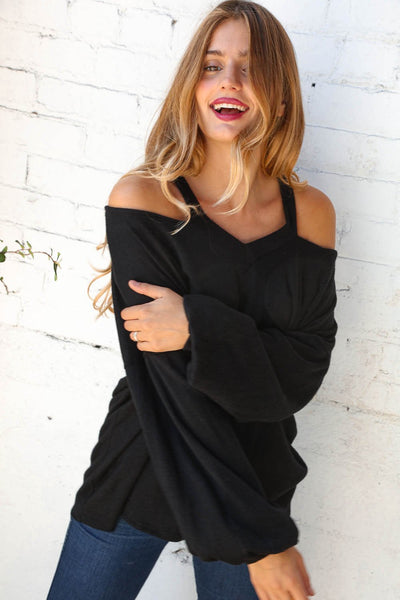 Midnight Halter Neck Cold Shoulder Long Knit Top