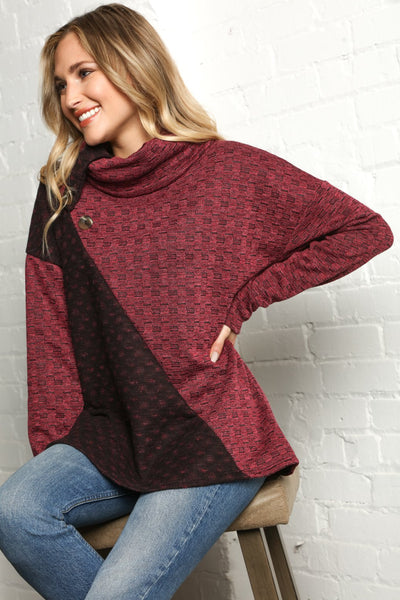 Burgundy Jacquard Color Block Button Turtleneck