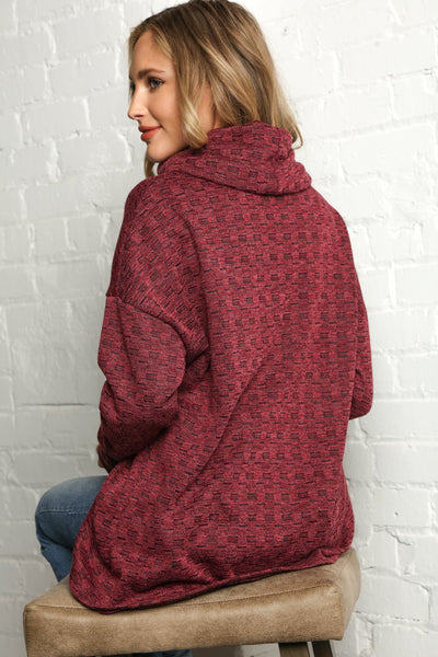 Burgundy Jacquard Color Block Button Turtleneck