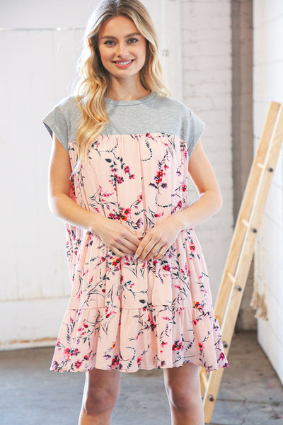 Blush Floral Crinkle Rayon & Terry Babydoll Tiered Dress