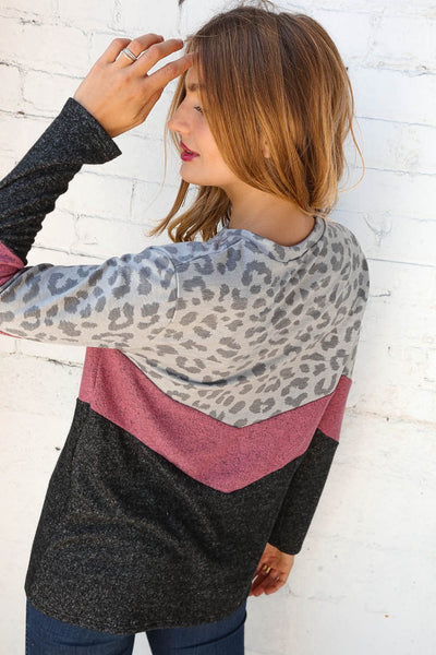 Plum Chevron Color Block Leopard Print Top