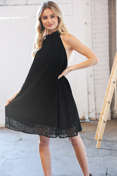 Black Floral Lace Halter Neck Back Tie Bow Dress