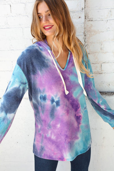 Tie Dye Cashmere Feel Bubble Sleeve Knit Hoodie