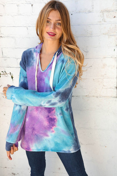 Tie Dye Cashmere Feel Bubble Sleeve Knit Hoodie