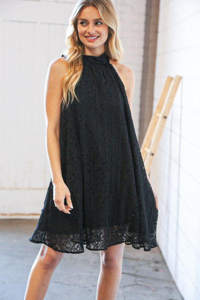 Black Floral Lace Halter Neck Back Tie Bow Dress