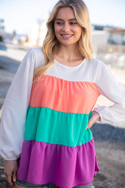 Ivory & Peach Woven Crepe Tiered Blouse