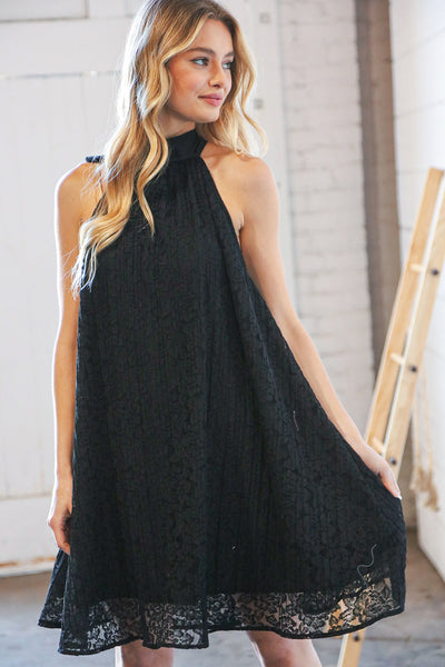 Black Floral Lace Halter Neck Back Tie Bow Dress