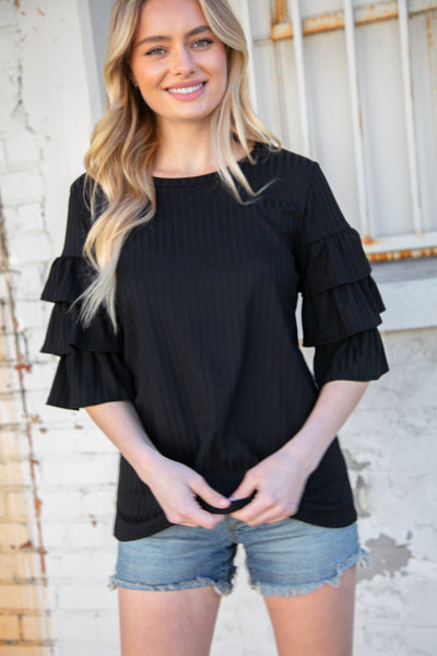 Midnight Round Neck Vertical Textured Pointelle Top