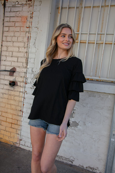 Midnight Round Neck Vertical Textured Pointelle Top