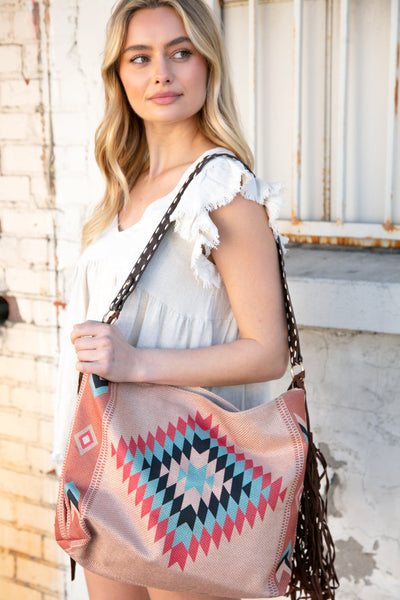 Weekender Coral Aztec Tweed Tassel Strap Tote