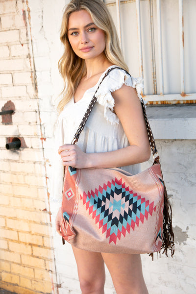 Weekender Coral Aztec Tweed Tassel Strap Tote