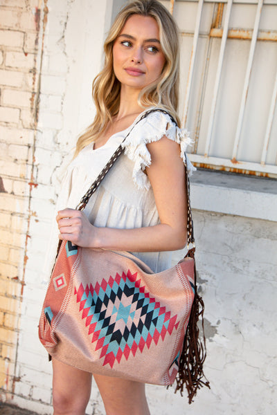 Weekender Coral Aztec Tweed Tassel Strap Tote