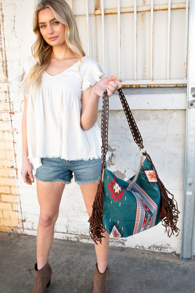 Weekender Sapphire Aztec Tweed Tassel Strap Tote