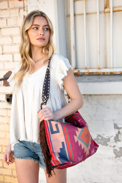 Weekender Magenta Aztec Tweed Tassel Strap Tote