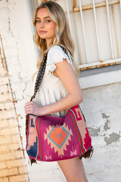 Weekender Magenta Aztec Tweed Tassel Strap Tote