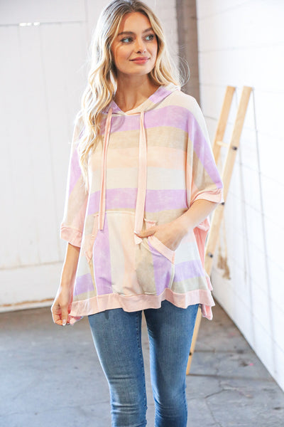 Lilac Stripe Boxy Hi-Lo Thermal Poncho Hoodie