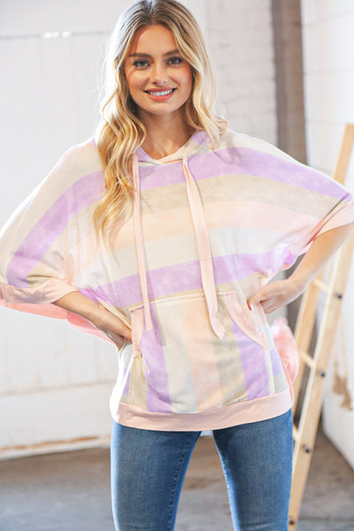 Lilac Stripe Boxy Hi-Lo Thermal Poncho Hoodie