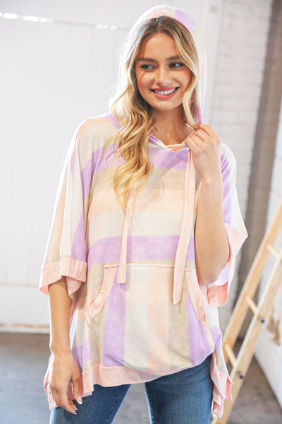 Lilac Stripe Boxy Hi-Lo Thermal Poncho Hoodie