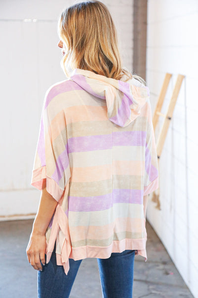 Lilac Stripe Boxy Hi-Lo Thermal Poncho Hoodie