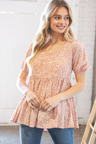 Cinnamon Floral Babydoll Back Lace-Up Tie Blouse