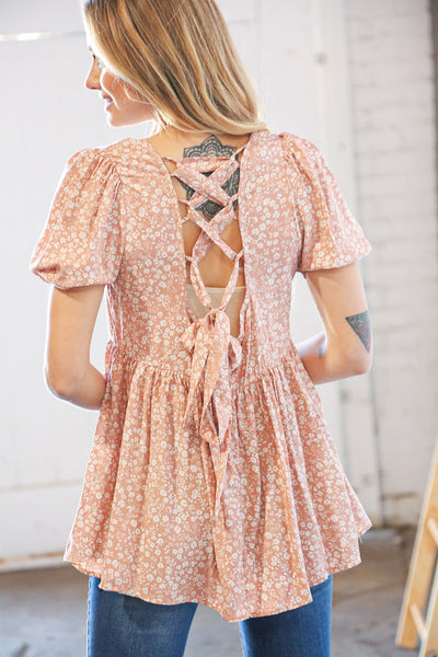 Cinnamon Floral Babydoll Back Lace-Up Tie Blouse