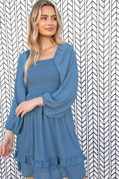 Blue Wool Dobby Square Neck Smocked Dress