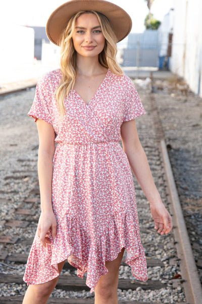 Coral Ditzy Floral Surplice Elastic Waist Dress