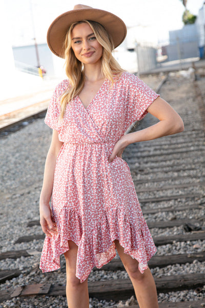 Coral Ditzy Floral Surplice Elastic Waist Dress