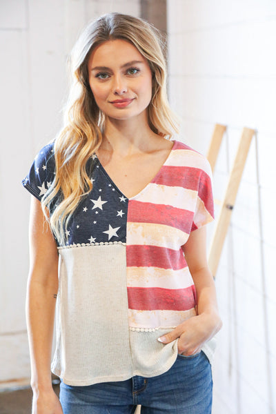 Patriotic Flag Terry Rib V Neck Crochet Top