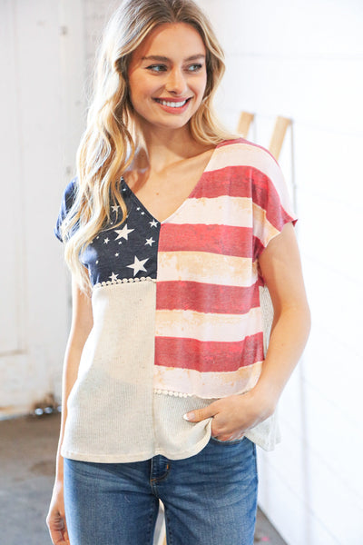 Patriotic Flag Terry Rib V Neck Crochet Top