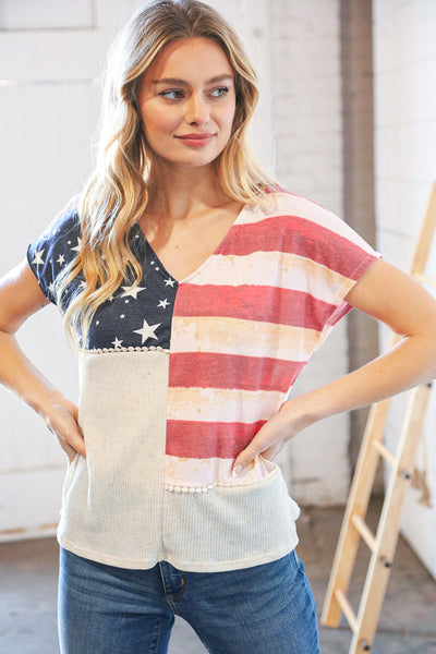 Patriotic Flag Terry Rib V Neck Crochet Top