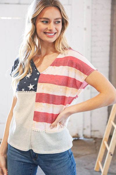 Patriotic Flag Terry Rib V Neck Crochet Top