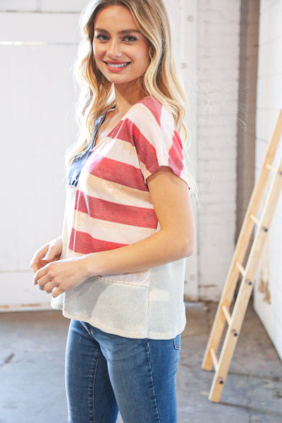 Patriotic Flag Terry Rib V Neck Crochet Top