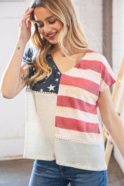 Patriotic Flag Terry Rib V Neck Crochet Top