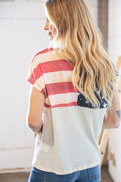 Patriotic Flag Terry Rib V Neck Crochet Top